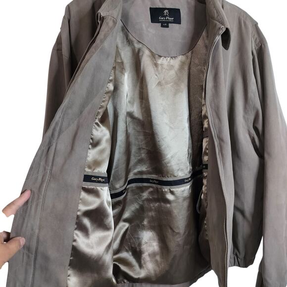 M791)Gary Player Tan Faux Suede Golf Full Zip Long Sleeve Large Bomber Jacket - Picture 4 of 11